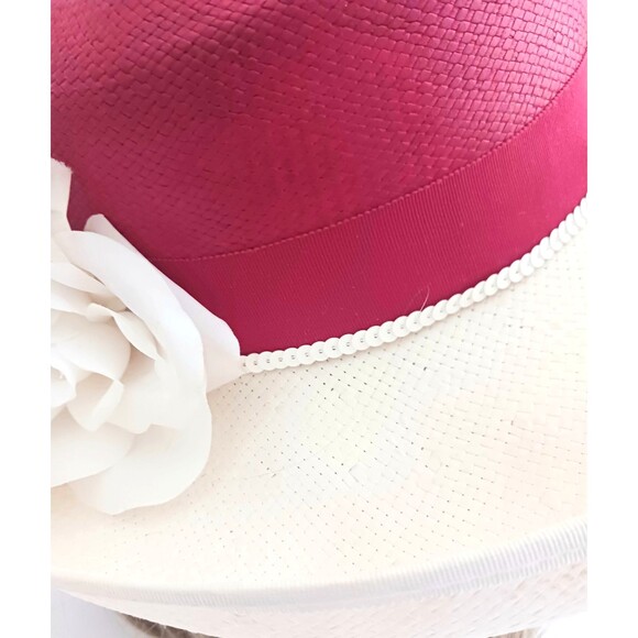 VTG Miss Bierner Straw Hat Ivory Red Crown Floral Trim Church/Wedding/Derby main image 9